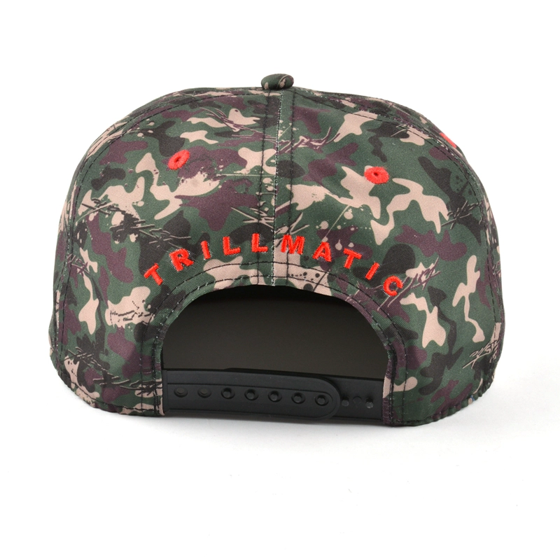 printed camo snapback hats design, metal patch snapback hats, 5 panels flat brim snapback hats