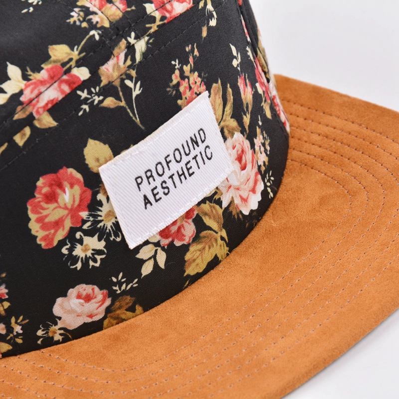 suede brim 5 panels caps, design flower printing 5 panels caps, custom logo 5 panels caps