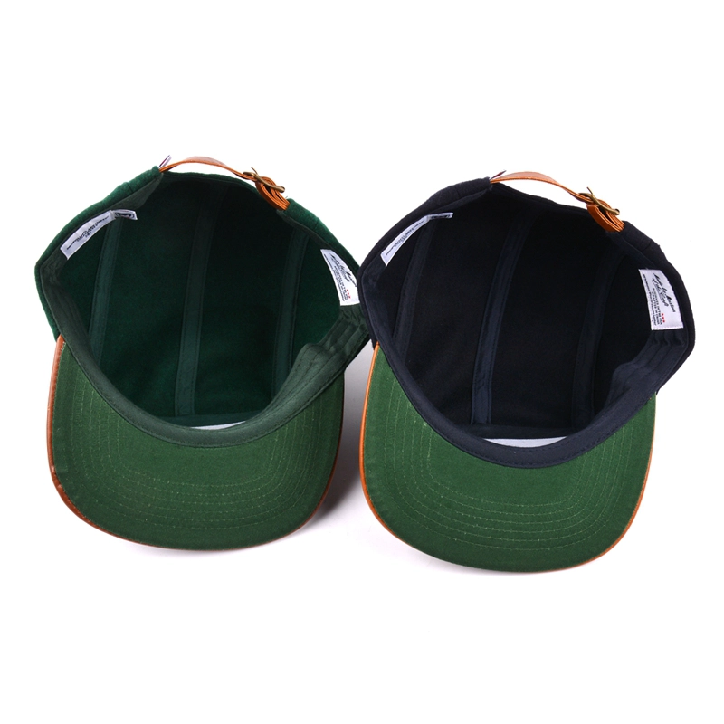 leather brim 5 panels cap, metal wool 5 panels cap, design logo custom 5 panels cap