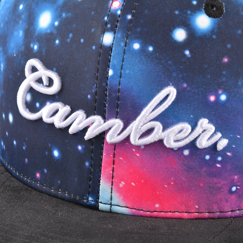 3d embroidery snapback hats, custom galaxy snapback caps, flat suede brim snapback hat