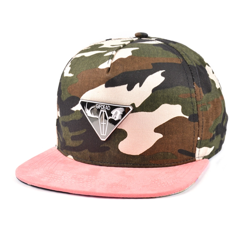 Κίνα 5 πάνελ σουέτ φινίρισμα camo metal λογότυπο snapback καπέλο κατασκευαστής