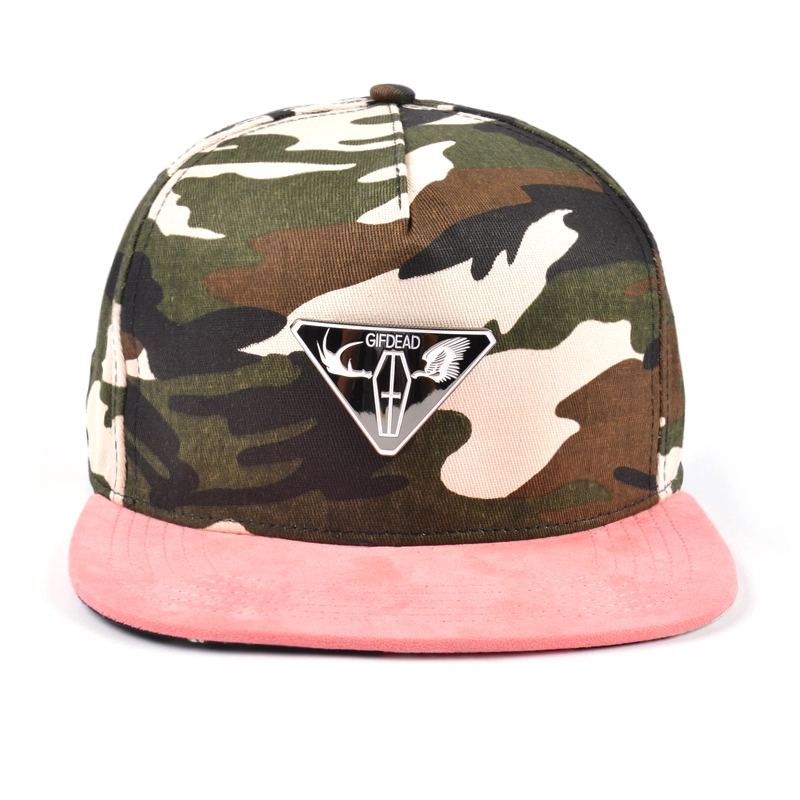 5 panel suede brim camo metal logo snapback hat