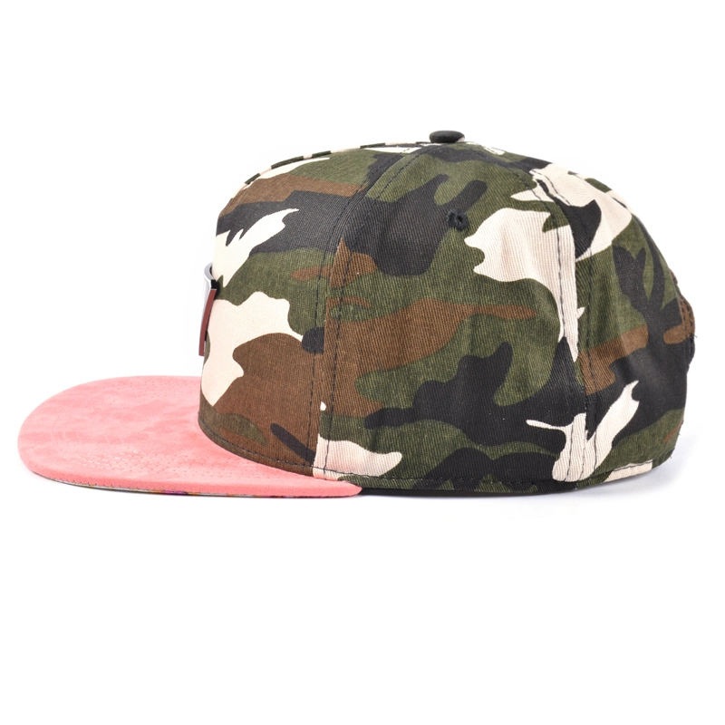 5 panel suede brim camo metal logo snapback hat