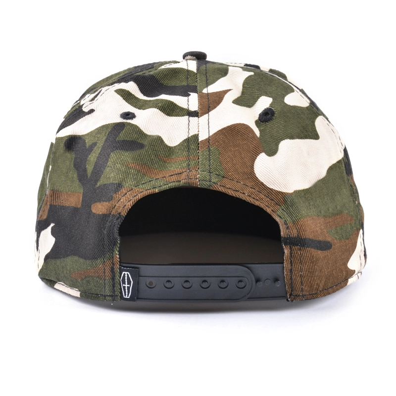 5 panel suede brim camo metal logo snapback hat