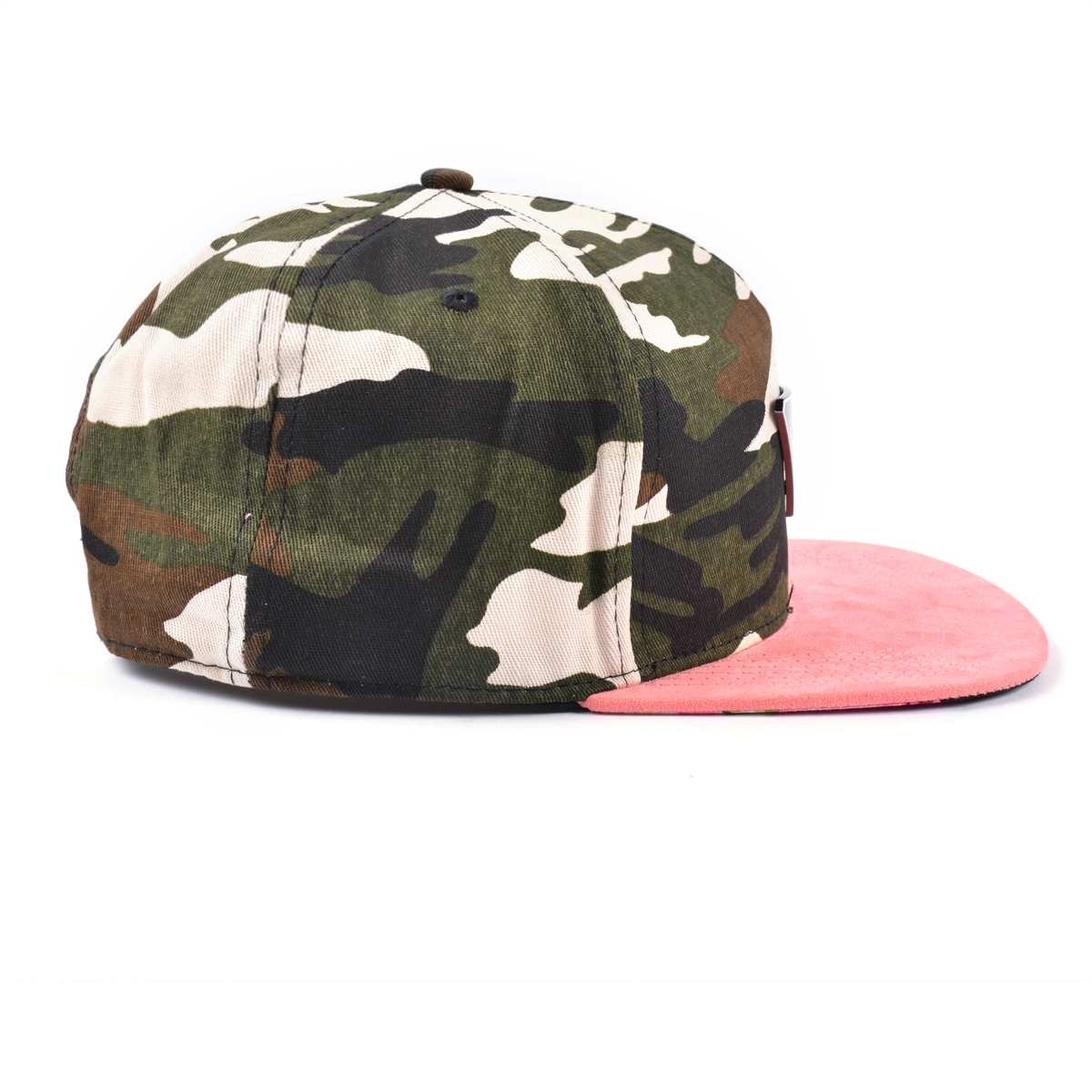 5 panel suede brim camo metal logo snapback hat