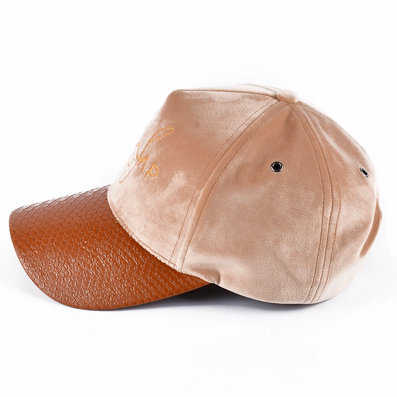 5 panels plain embroidery leather brim pleuche baseball hats