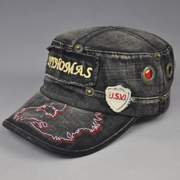China Fashion applique embroidery denim flat top cap manufacturer