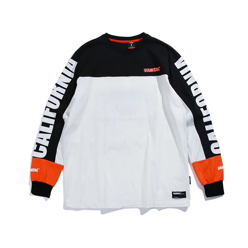 كم طويل خياطة crewneck البلوز فضفاض مع لون التباين الجريء