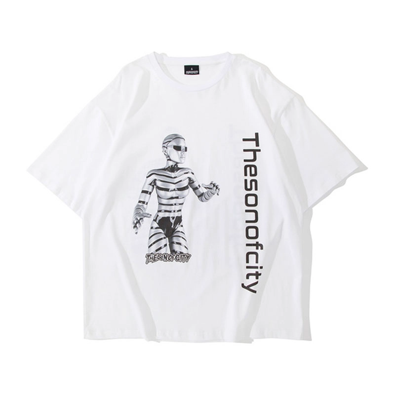 White summer loose robot graphic printing t shirt for women
