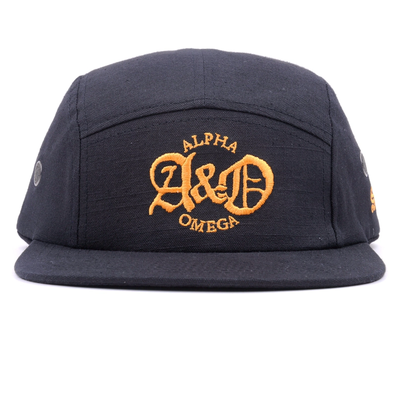 Design Stickerei schwarz flache Krempe 5 Panels Kappe benutzerdefinierte