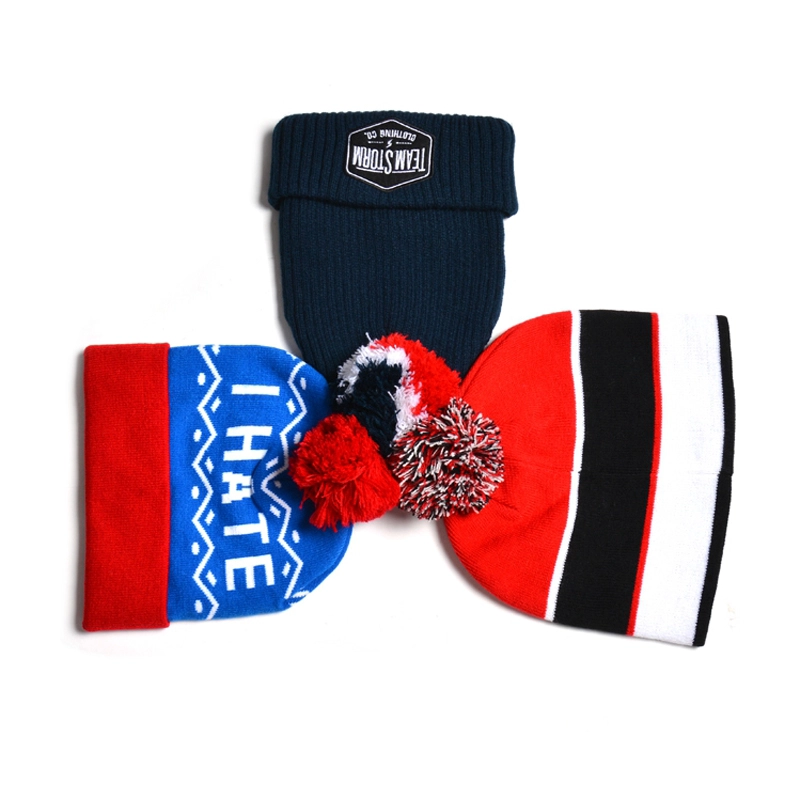 jacquard logo plain knit pom pom winter beanies