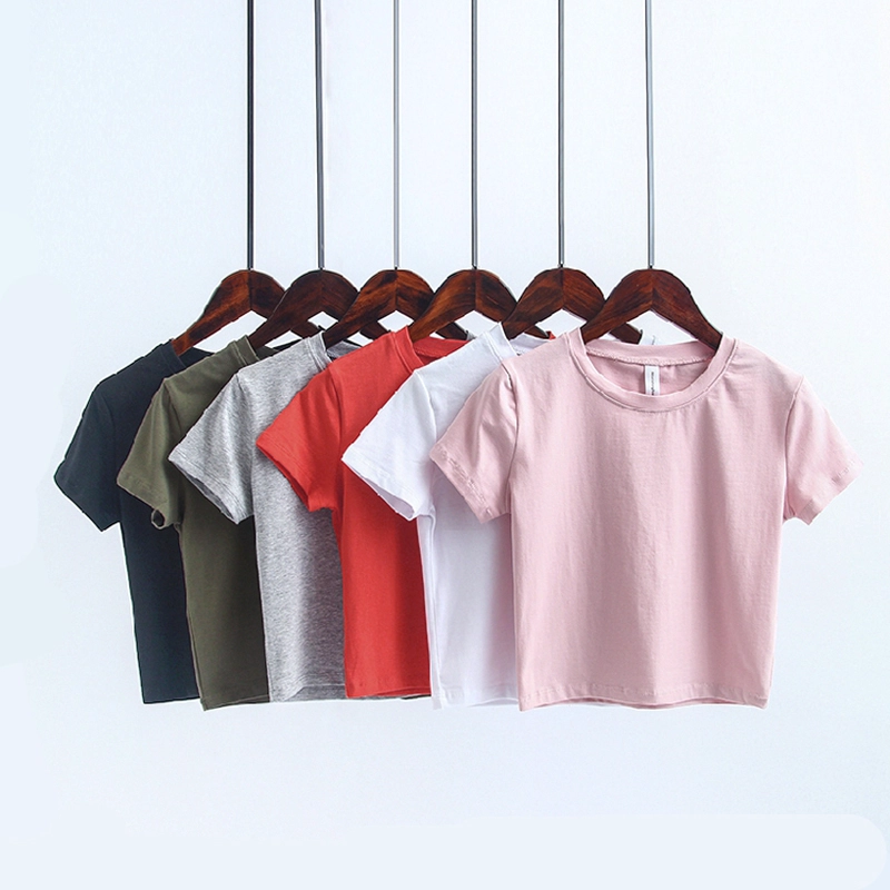 solid women's casual round neck short sleeve crop top t-shirt