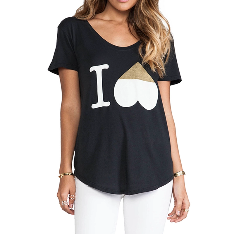 Pescoço das mulheres pescoço curvado hem impresso camiseta