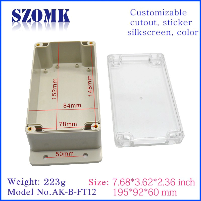195 * 92 * 60mm Beautiful quality IP65 Outdoor waterproof wall mount Plastic housing for PCB AK-B-FT12