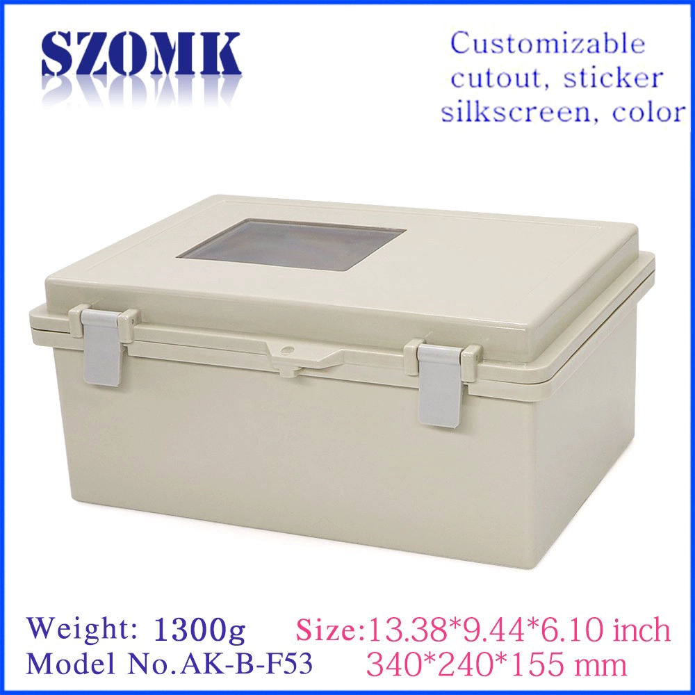 AK-B-F53 IP65 outdoor electrical box waterproof abs pastic hinge cover 340X240X155mm with display window enclosure supply