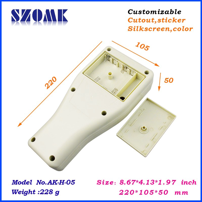 Guangdong high quality 220X105X55mm hand held abs plastic with battery holder project enclosure supply/AK-H-05