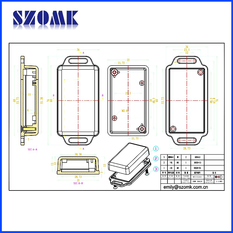 Plastic wall mounted enclosures szomk custom electronic case housing box for sensors AK-W-45 61x36x15mm