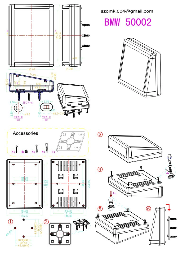 Wall mounted plastic instrument case housing for electronics PCB enclosure AK-W-17,200X145X64MM