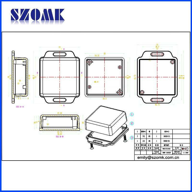 Wall mounting plastic instrument case housing AK-W-44,51x51x20mm