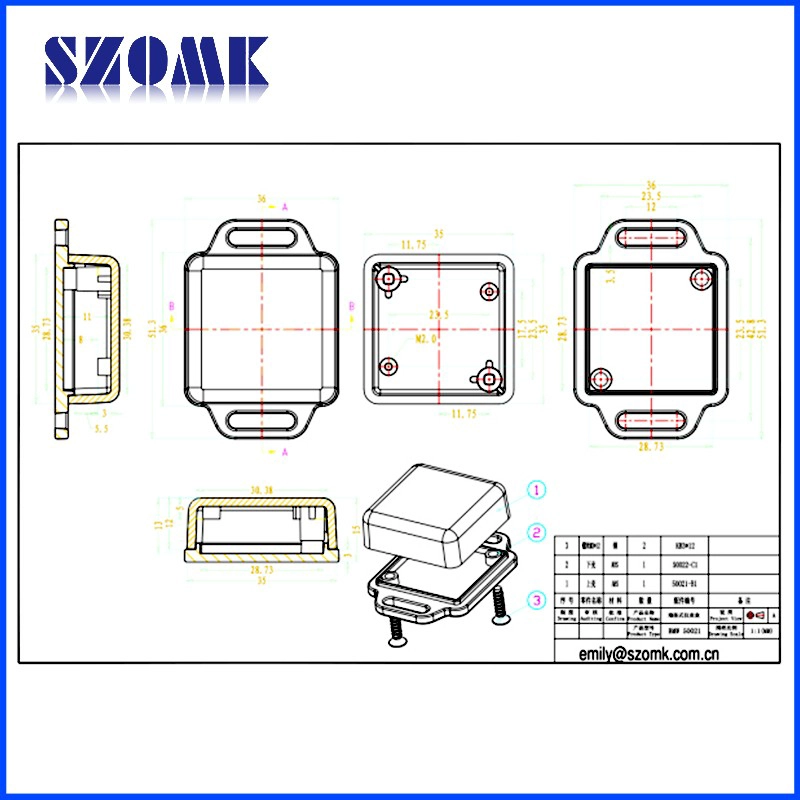 electronic new plastic abs enclosure for pcb box AK-W-37 36x36x15 mm