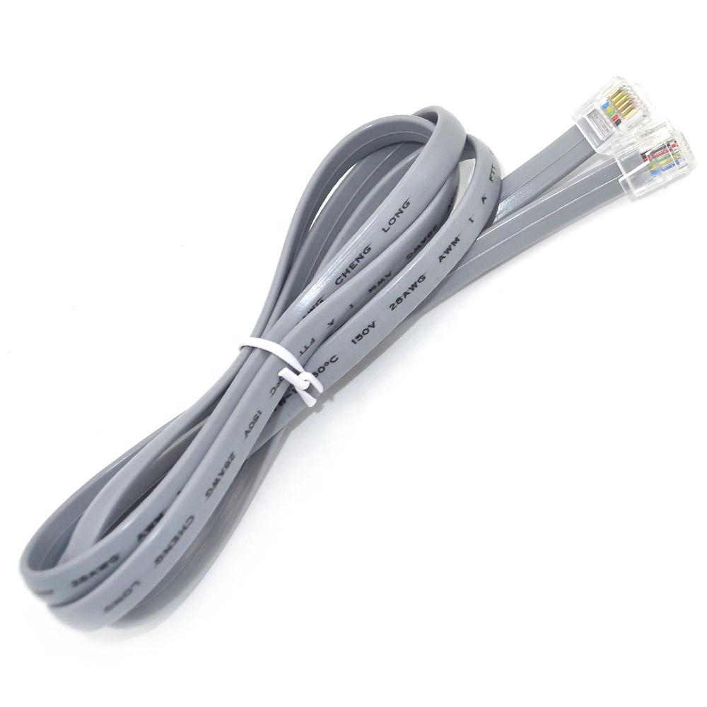 Grey color 4 core straight RJ9 4p4c modular plug 26 AWG flat telephone wire cable