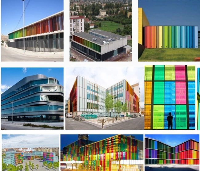 colored U channel glass facade projects