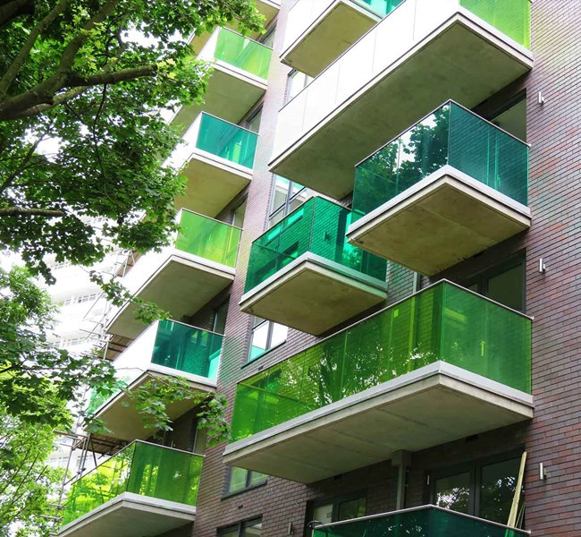 green colored tempered laminated glass balconies
