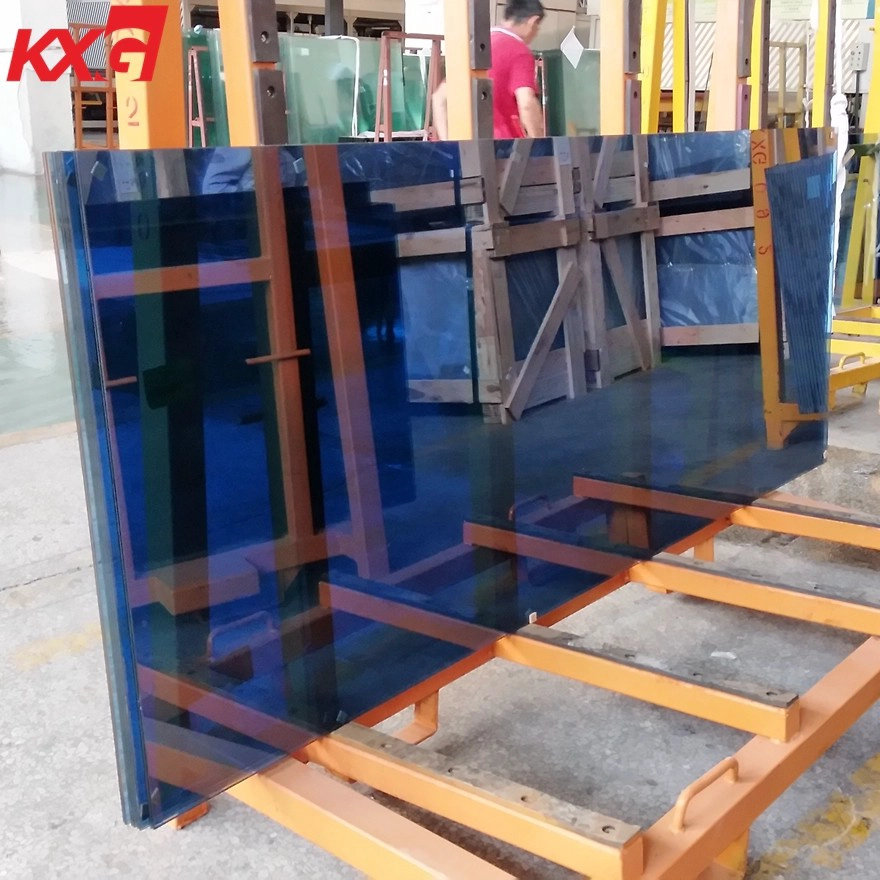 KXG building glass factory supply 6mm blue tinted tempered glass+0.76mm clear PVB+6mm blue colour tempered laminated glass, 662 blue tinted tempered laminated glass
