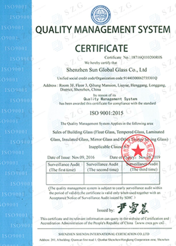 ISO9001 QUALITY CONTROL FOR BUILDING GLASS