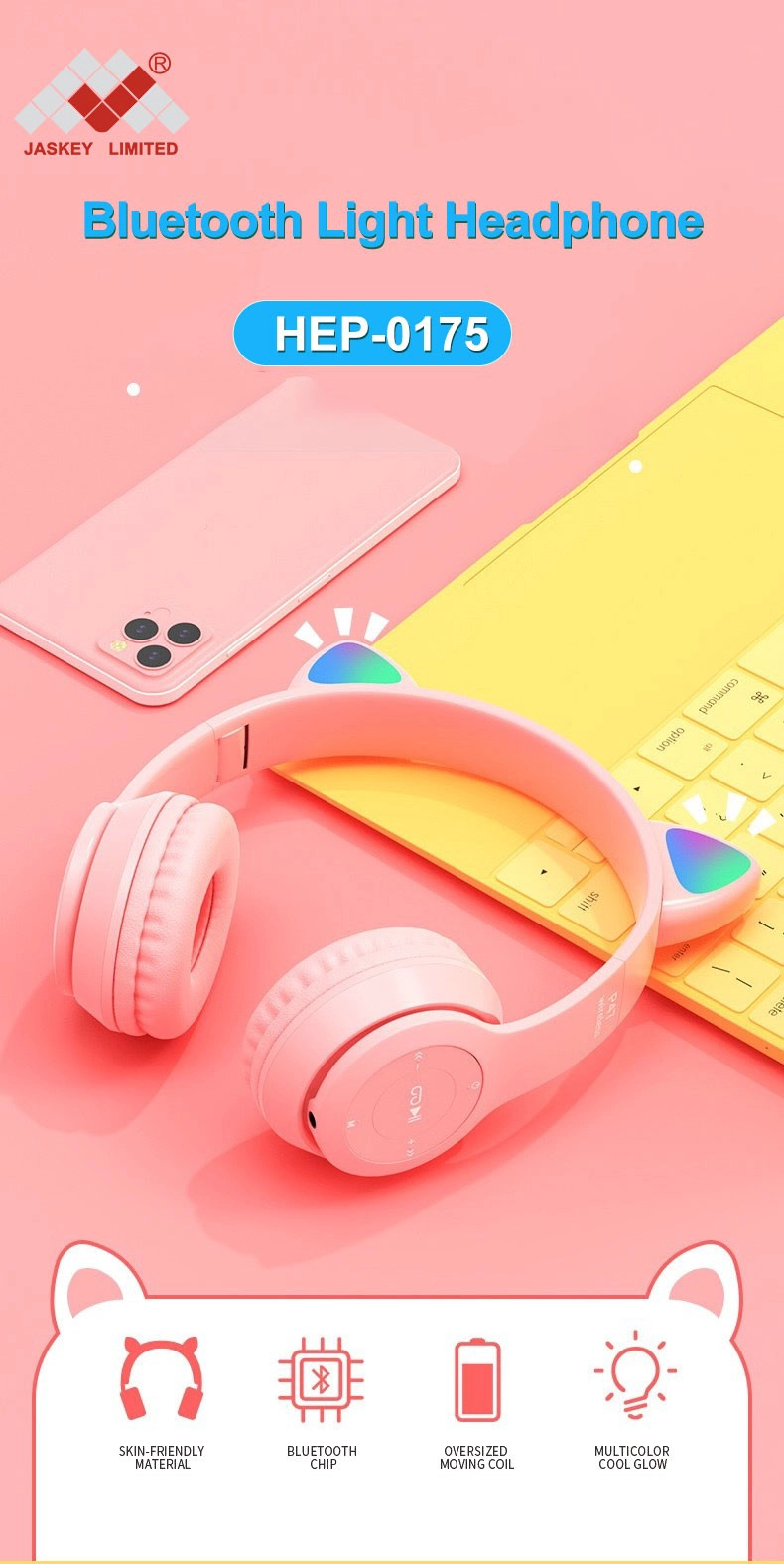 Stylish wireless Bluetooth headphones with flashing animal ears