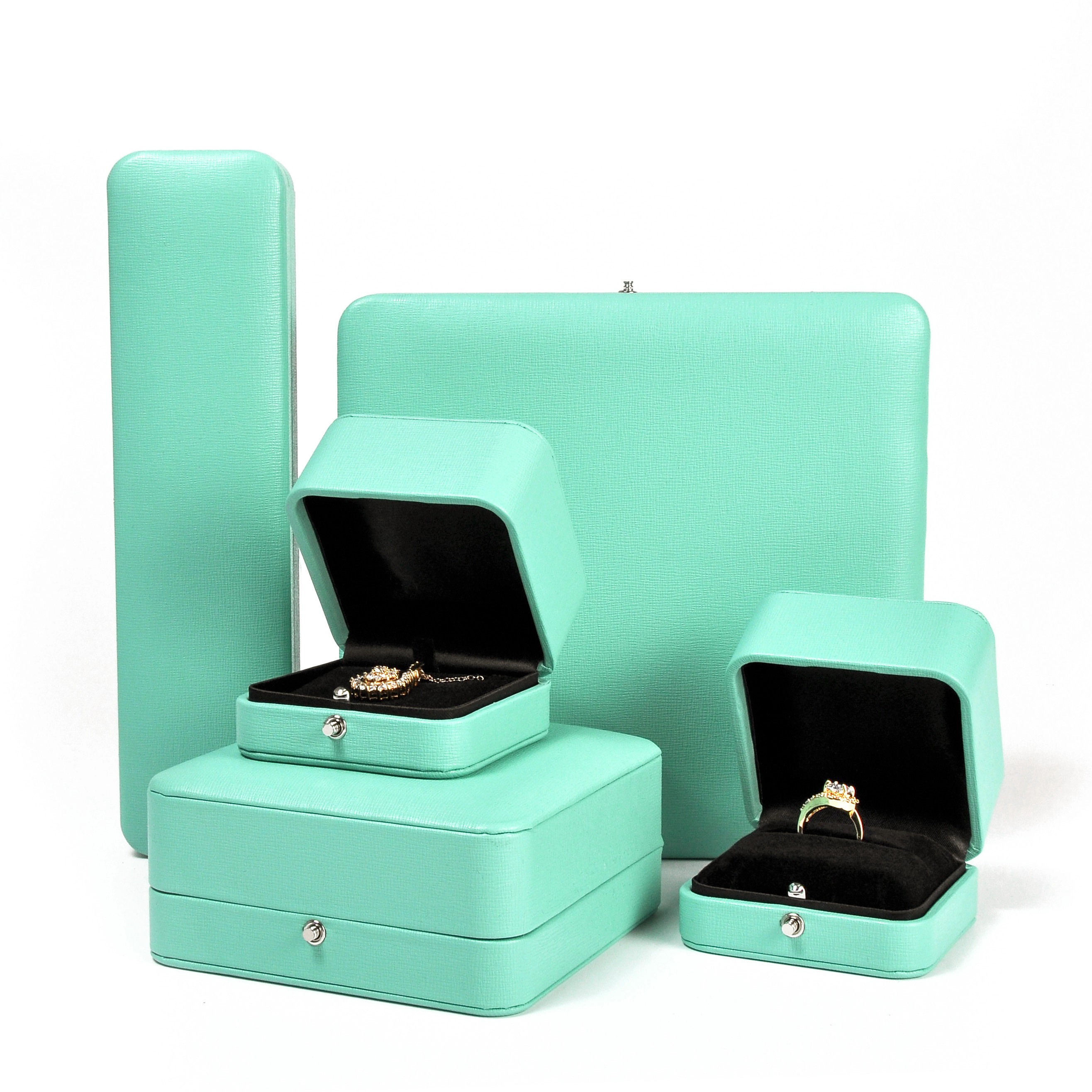 Almacenamiento de cajas de joyería de plástico de botón de venta caliente de esquina redonda verde b