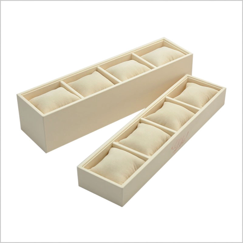 Čína Warm creamy color pu leather display stand wooden jewelry display tray 4*3 pillow tray stackable jewelry display tray výrobce
