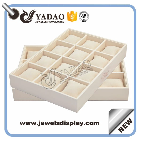 China Wholesale custom cream color PU leatherette jewelry and watch displays holder for shop counter showcase leather bangle trays manufacturer