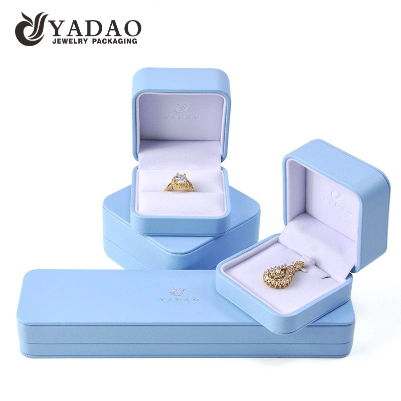 China Yadao high quality pu leather jewelry plastic box in light blue color for ring earrings pendant bangle packaging manufacturer