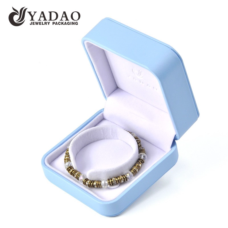 China Yadao high quality pu leather jewelry plastic box in light blue color for ring earrings pendant bangle packaging manufacturer
