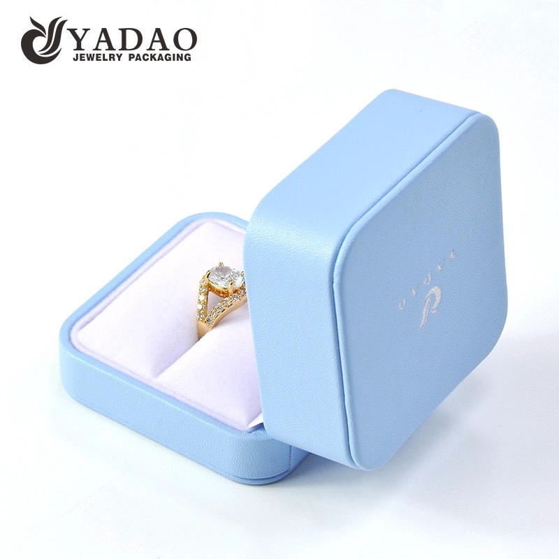China Yadao high quality pu leather jewelry plastic box in light blue color for ring earrings pendant bangle packaging manufacturer