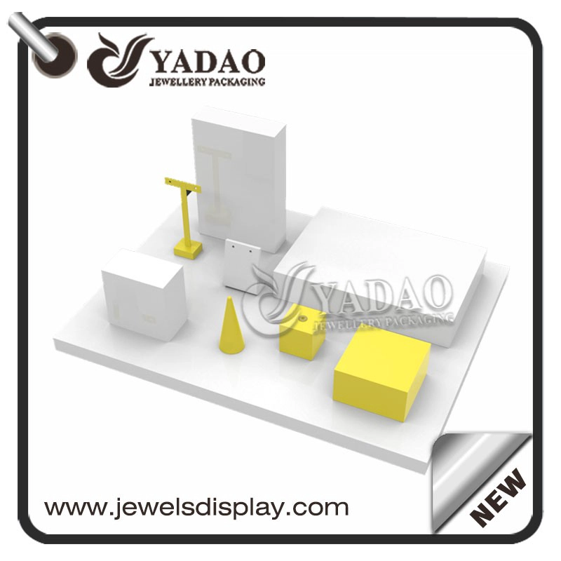 China customize colorful glossy lacquer wooden display jewelry shop counter display window jewelry display stands manufacturer