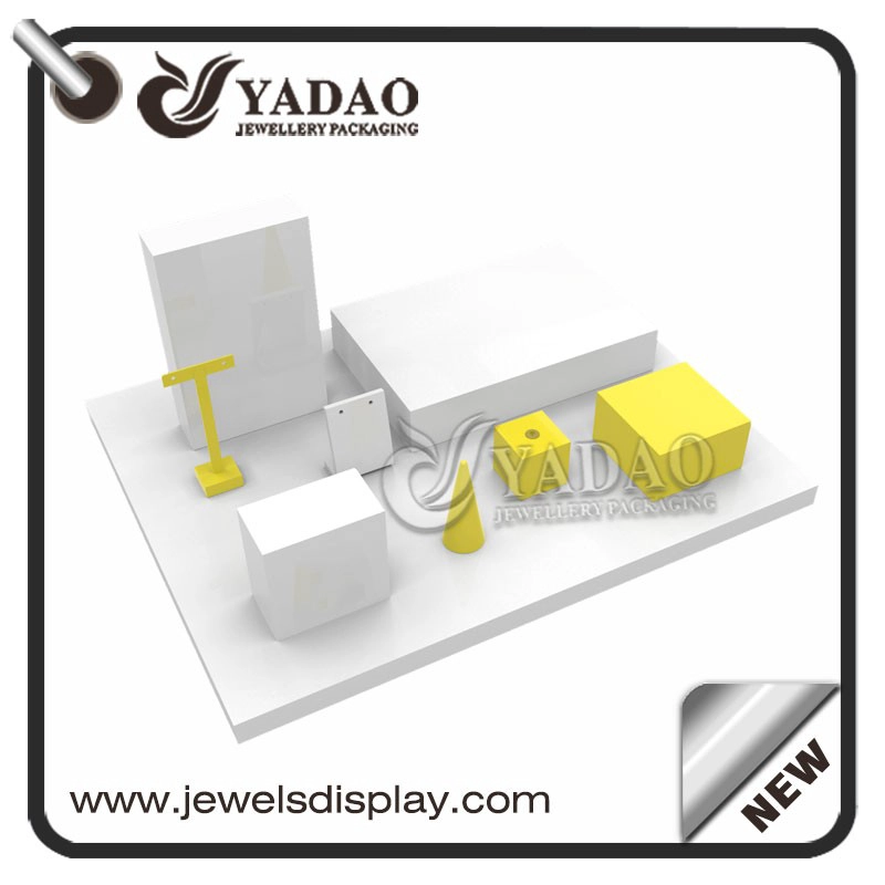 China customize colorful glossy lacquer wooden display jewelry shop counter display window jewelry display stands manufacturer