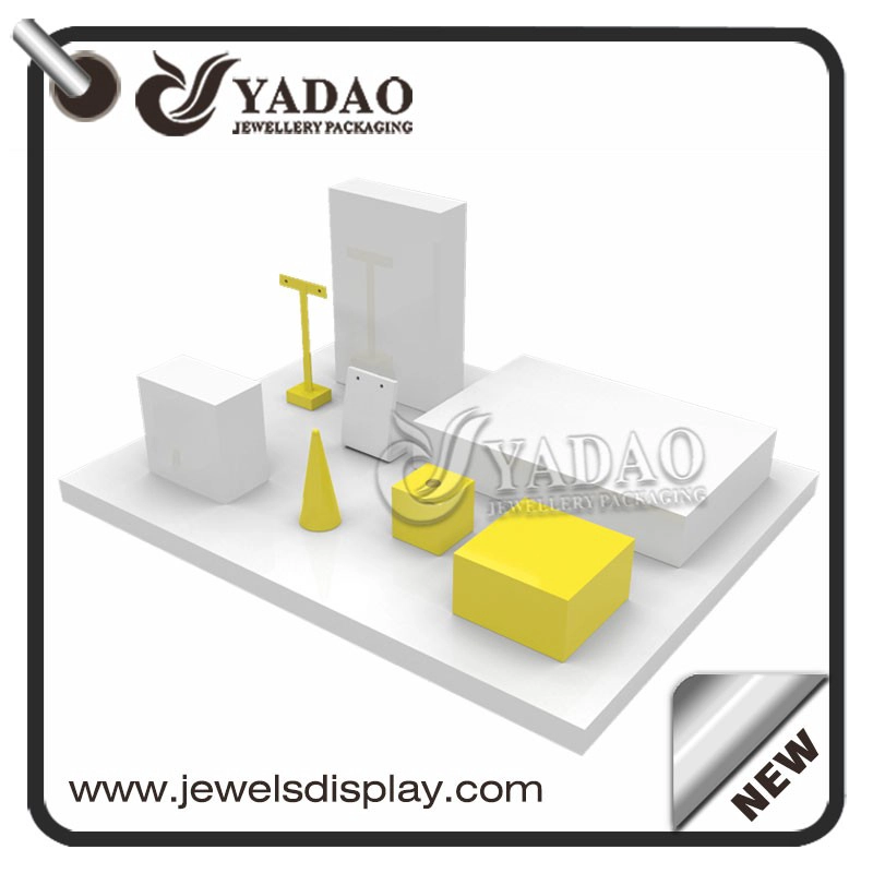 China customize colorful glossy lacquer wooden display jewelry shop counter display window jewelry display stands manufacturer