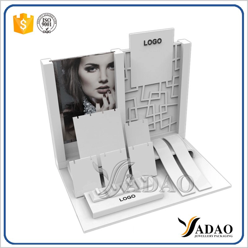 China customize machine cutting acrylic jewelry display window display color lacquer painting finish acrylic display set for jewelry counter and jewelry fair manufacturer
