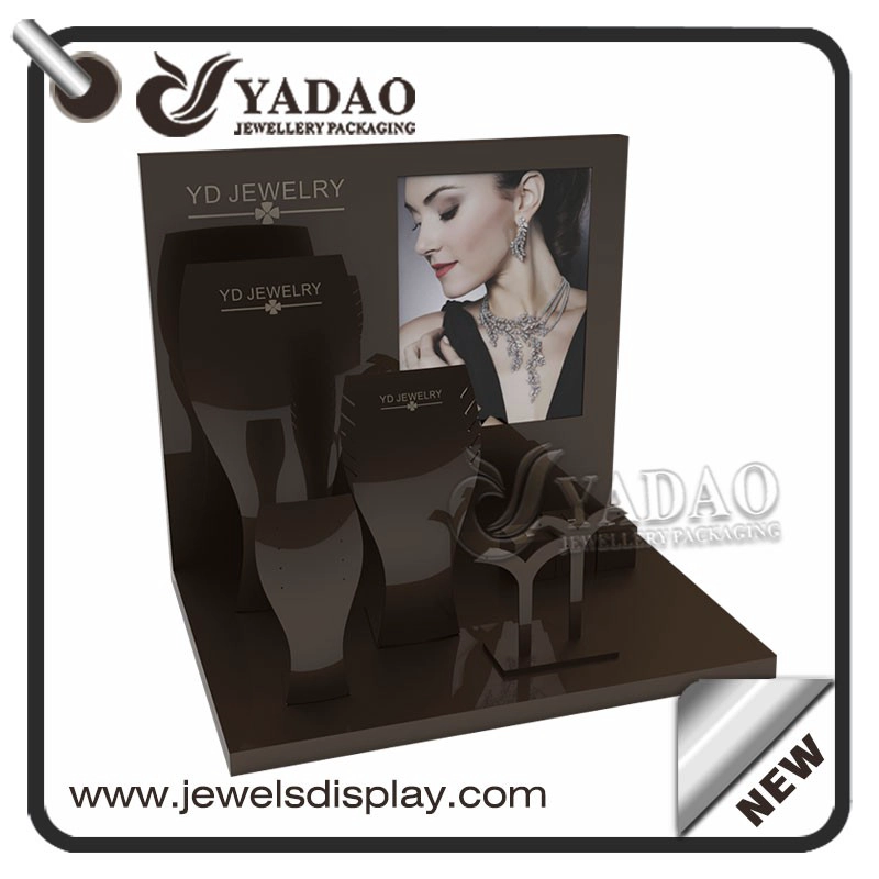 China high end quality customize acrylic jewelry display bending color painting window jewelry display for jewelry shop wall jewelry showcase display manufacturer
