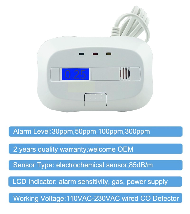 Wired CO detector na may plug at screen