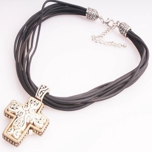 China Black Leather Cords Cross Pendant Necklace manufacturer