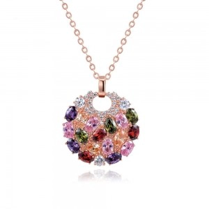 Cina Hot Sale Rose Gold Plated Multicolor Top Cubic Zircon Paved Big Round Pendant Necklace produttore