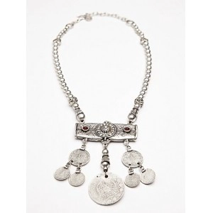 China brass layered beads red rhinestone bar silver coin necklace manufacturer