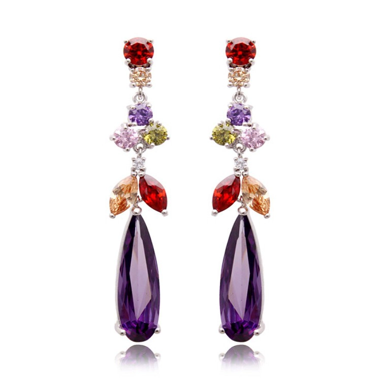 Charm Rhinestone Gold Plated Colorful High-end zircon Long Dangle Drop Earrings Women Fashion Bridal Jewelry