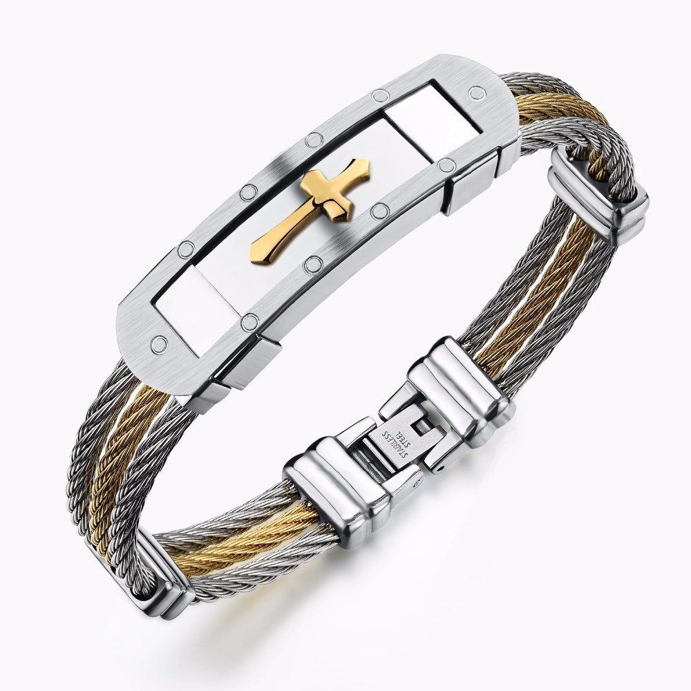 China China Jewelry Wholesale Men's Stainless Steel Titanium Bracelets, Triple Steel Wire Charm Bangles Metal Cross Buckle manufacturer