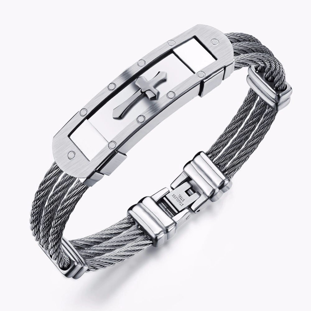 China joyas al por mayor de acero inoxidable de los hombres pulseras de titanio, alambre de acero triple encanto brazaletes de metal cruz hebilla