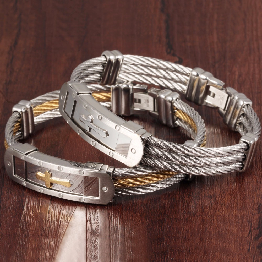China joyas al por mayor de acero inoxidable de los hombres pulseras de titanio, alambre de acero triple encanto brazaletes de metal cruz hebilla