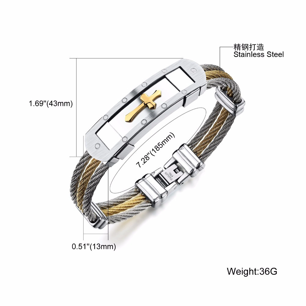 China joyas al por mayor de acero inoxidable de los hombres pulseras de titanio, alambre de acero triple encanto brazaletes de metal cruz hebilla